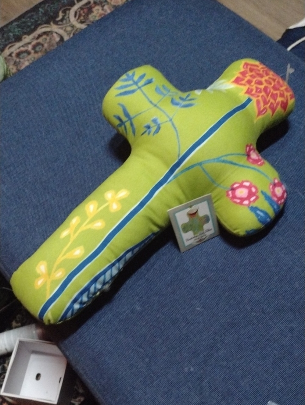 Decorative Lime Green Cross Pillow with Floral Print